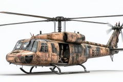 Military helicopter model displayed on a white background, showcasing detailed weathering and camouflage patterns for realism