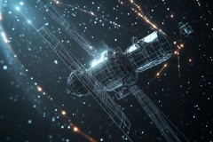 A military satellite in space helps secure communications. It receives and transmits information, provides internet access, and tracks locations around the world.low poly wireframe.