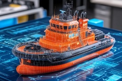 A detailed orange and black vessel displayed on a blue electronic board